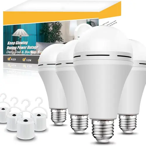 Rechargeable Light Bulbs, Back Up Battery Light Bulbs, 15W 80W Equivalent 6000K 1200mAh Battery Operated Light Bulb for Power Outage Hurricane, Emergency Lights for Home Power Failure, Pack of 4