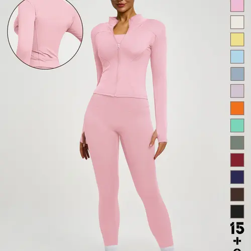 New Women's Solid Color High-End Casual Long Sleeve Quick-Dry Sports Set, Essential Yoga Jacket and Elastic Tight Yoga Pants High Stretch Form Fitting Polyester Blend Activewear Activewear Yoga Fitness