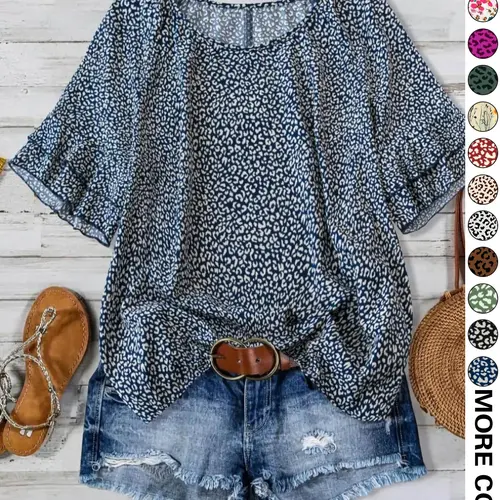 [Plus Size] All Over Print Floral Ruffle Layered Sleeve Woven Blouse, Shirts, Casual Loose Short Sleeve Round Neck Top for Daily Wear, Women's Plus Clothing for All Seasons, Chic, fashion, style, Womenswear, Casual Daily Tops