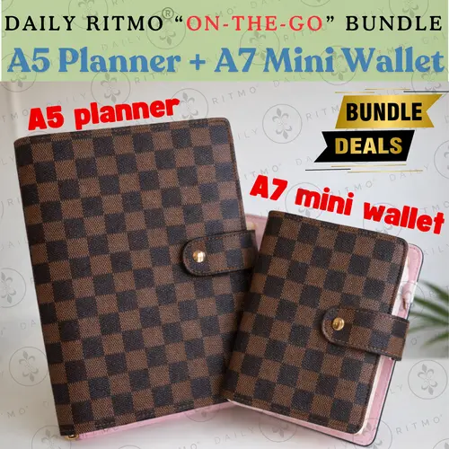 DAILY RITMO On-the-Go Office Binder Stationery Set - PU Leather Office Accessories, A5 Checkered Organizer Notebook Journal, A7 Compact Wallet Mini Binder Combo