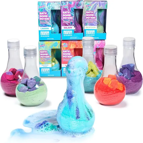 Tub Works Kids Bath Bomb Potion 6-Pack - Non-Toxic Kid-Safe Galaxy Bath Shower Toys, Fizzing Foaming Bubbling Water Body Care Cosmetics for Toddlers, Sensory STEM Play Gift