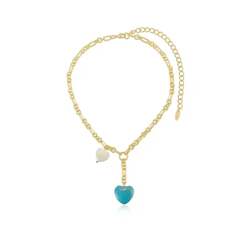 Ettika Turquoise and Pearl Hearts Lariat Necklace 18k Gold Plated Mother of Pearl Reconstituted Turquoise 13" Adjustable Gold Hardware Chain Elegant Fashion Jewelry for Adults
