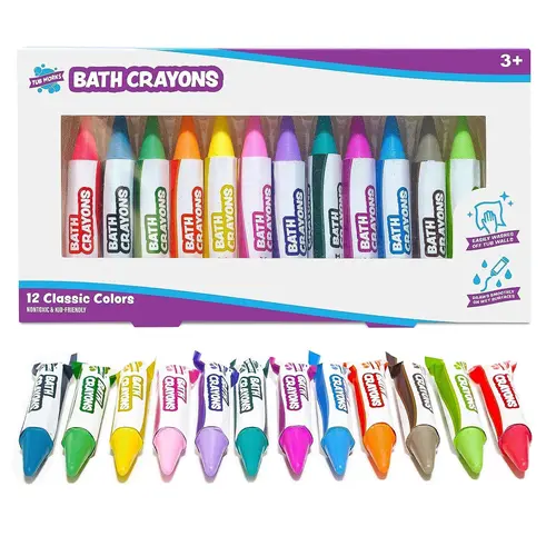 Tub Works 12-Pack Unisex Bath Crayons for Kids 3+, 12 Classic Colors, Non-Toxic, BPA-Free, Phthalate-Free, Washable, Waterproof, Easy Grip for Wet-Dry Surfaces, Tub-Wall Art Supplies with Reusable Box for Child Development