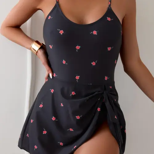 Women's Floral Print Knot Front One-Piece Swimsuit, Casual Backless Adjustable Strap Knotted Swim Dress for Summer, Women's Swimwear for Vacation, Beach Swimwear Clothes