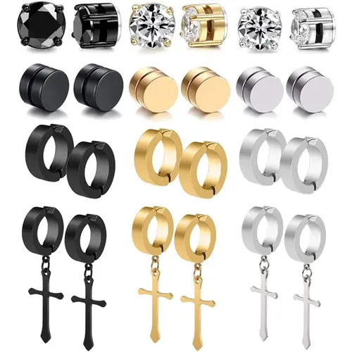 12-Pair Nickel-Free Steel Clip-On Earrings Set - Elegant Minimalist Earrings, CZ Dangle Clips, Hypoallergenic Comfortable Fake Piercing Unisex Men's Accessories & Accessories for Women Gift-Ready Fashion Jewelry