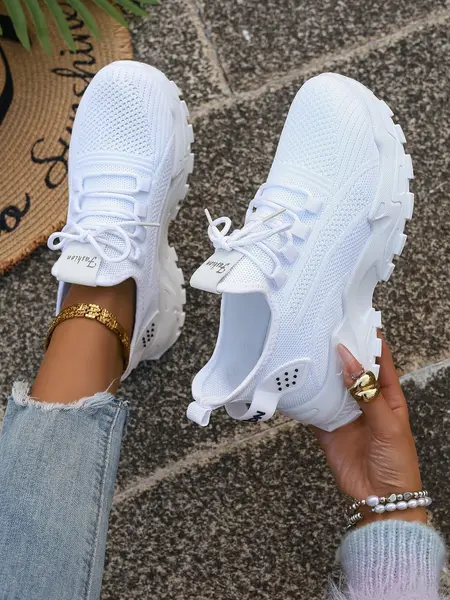 Women's Lightweight & Slip-Resistant Ultra Comfortable Chunky Sole Knit Fashionable Sneakers for Walking & Travel, Daily Wear Sneakers, Trendy White Athletic Shoes for Teens, Students & Young Adults, Perfect for School, Shopping & Casual Outings