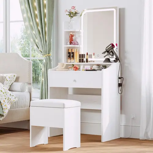 LIKIMIO Small Vanity Desk with Mirror Lights and Storage Stool ，Black compact vanity with 3 light modes, charging station, storage drawer, 3 shelves and upholstered stool