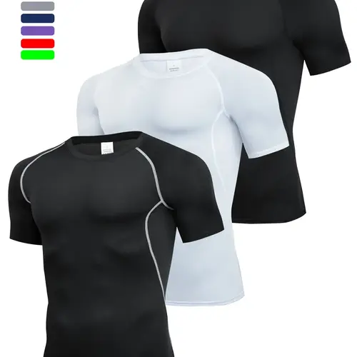 3-Pack Men's Tight Fit T-Shirts, Short Sleeve Sporty Tops, Athletic Tee, Quick-Dry, Ideal for Running, Fitness, Sports, All Seasons