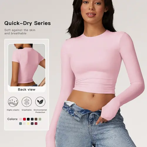 Women's Solid Round Neck Compression Sports Tee, Quick Drying Long Sleeve Crew Neck Crop T-shirt, Ladies Sportswear for Indoor Outdoor Wear, Valentine's Day Gift for Girl, Tight Running Top