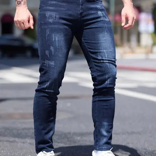 Men's Blue Casual Plain Denim Jeans Pockets, Slim Fit Straight Leg Korean Style Classic Streetwear, Elastic Casual Long Pants for All Seasons, 2026 Fashion Casual Jeans Menswear