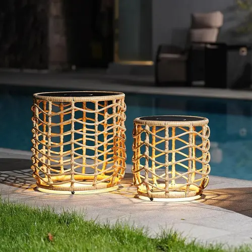 GRAND PATIO Boho Solar Nesting Tables Set of 2, Outdoor Wicker Side Tables with Built-in Solar Lights, All-Weather Water-Resistant Patio Accent Tables for Balcony, Porch, Garden & Backyard