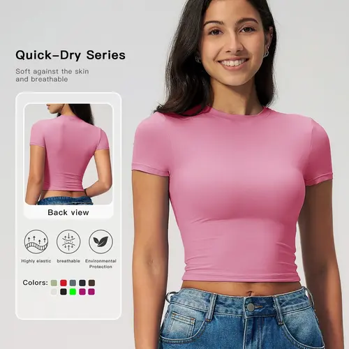 Women's Plain Round Neck Crop Sports Tee, Sporty Casual Tight-fitting Short Sleeve T-shirt for Yoga Gym Workout Running, Ladies Sportswear Clothing for Summer, Fitness Clothes Tops, Casual Workout Tops, Fitness Sport Top