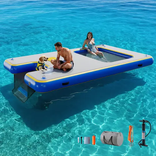 Amerlife Inflatable Floating Dock (6/7/8/10/12 FT) – Heavy Duty Air Platform with Non-Slip EVA for Safety, 1102 lbs Capacity Island Raft for 5-7 People Family Gatherings, Includes Rust-Resistant Steel Ladder & Lightweight Carry Bag, Pool Inflatables