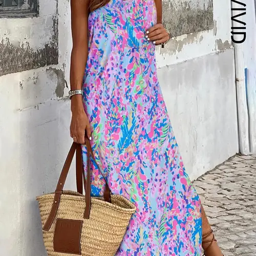 Women's All Over Print Backless Split Tank Dress, Boho Sleeveless Round Neck Long Dress for Beach Holiday Vacation, Ladies Summer Clothes, Tropical Print Dress