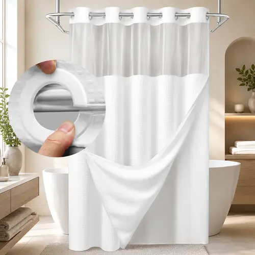 White Shower Curtain with Snap in Liner -No Hooks Waffle-Pattern Shower Curtain Double Layer Shower Curtain -Fabric Waterproof Inner Liner,Bathroom Accessory for Home, Hotel, Salon & Dormitory Decor