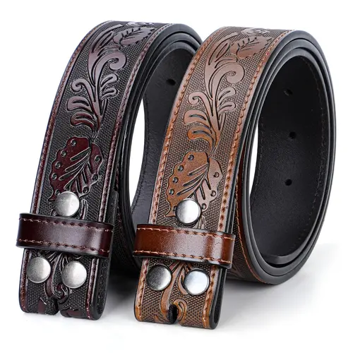 Unisex 2-Pack Tooled Leather Belt Straps - Artisan Engraved, Buckle-Free Replacements for Jeans, Western Casual Belts