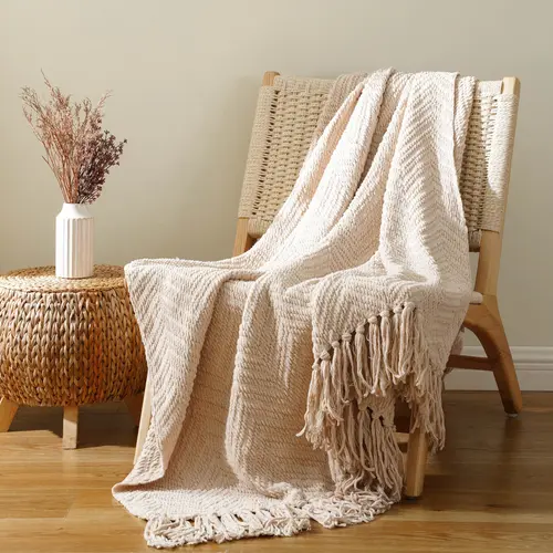 Battilo | Chenille Knitted Throw Blanket - Soft Touch, Cozy Knit Texture Aesthetic Throw for Bed Foot Drape, Sofa, Fall Neutral Home Decor, Holiday Gift with Color Stays Bright Feature