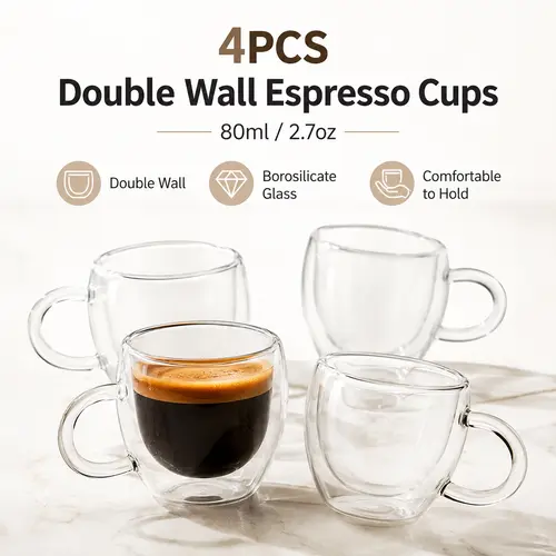 4-Pack Gift Set 2.5oz (80ml) Double-Wall High-Borosilicate Glass Coffee Cups with Handles - Modern Aesthetic Wells Cappuccino Drinkware for Coffee, Espresso or Tea Lovers, Gifts Adults