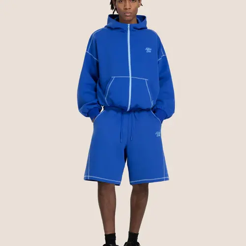 Aelfric Eden Cloud Boxy Sweat Set Contrast Stitch Zip-Up Jacket & Shorts Oversized Unisex Casual Two-Piece Loungewear,father'sdaygifts