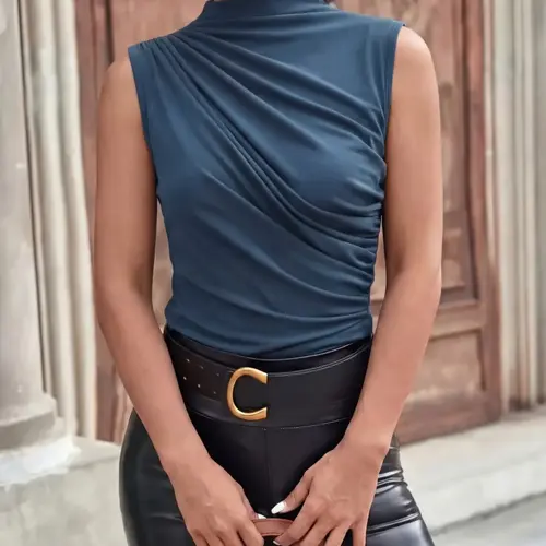 Women's High Neck Sleeveless Knit Top, Slim Fit Ruched Irregular Design, Easy Care Casual Blouse, New Style