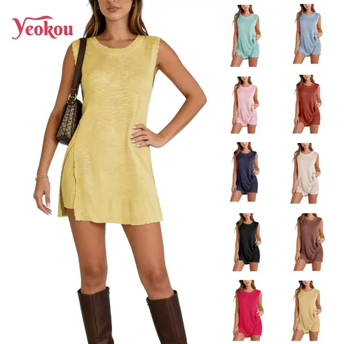 Yeokou Women's 2-Piece Ribbed Knit Cozy Loungewear Set, Crew Neck Pullover & Sleeveless Sweater Tank Top with Shorts, Nightwear, Sleepwear Pajamas