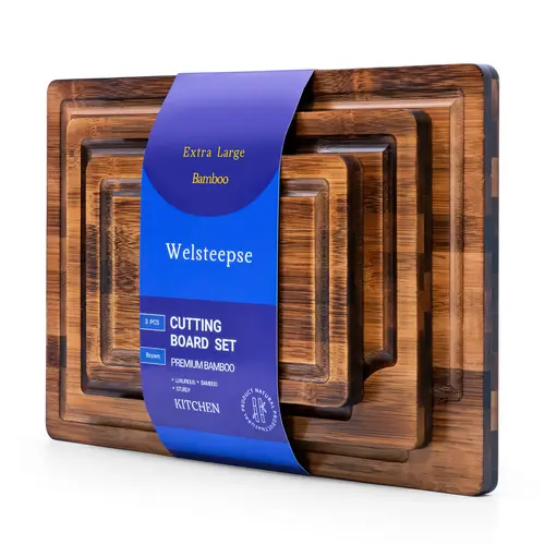 WELSTEEPSE 3-Piece Eco-Friendly Bamboo Cutting Board Set - Deep Carbonized, Double-Sided, Food-Safe, Anti-Slip Base, Juice Groove, Cheese-Friendly, Oil-Finished Wooden Butcher Block Kitchenware, Anti-Slip Base Chopping Boards