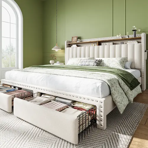 RaybeeFurniture Bed frame Queen Size, NO MATTRESS, King Bed Frame with Headboard&Storage, 2 Drawers, Upholstered Bed Frame with Storage and Headboard, NO Noise,No Box Spring Needed