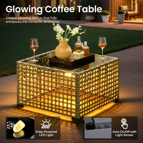 【Summerfinds】Ovios Outdoor Patio Side Table with Solar LED Light, All-Weather Wicker Rattan Coffee Table for Backyard, Garden, Deck, Porch & Balcony