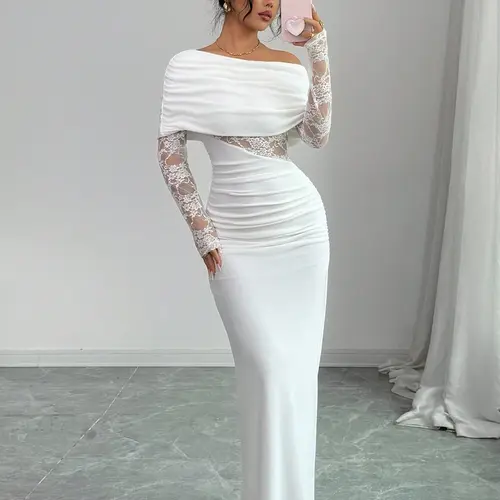 Elegant Aesthetic One-Shoulder Lace Long Sleeve Maxi Dress, Chic Waist Cut-Out Ruched Bodycon Floor-Length Evening Gown for Formal Party Events, Womenswear