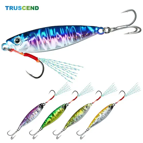 TRUSCEND Metal Alloy Fishing Jigs - Captain's Favorite Shiny Saltwater Spoon Lures with Treble Hooks, Split Ring Lures, Jig Head Lures, Assist Braid Line Hook - Durable Slow Pitch Jigging Lures for Bass, Salmon