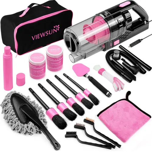 【summerfinds】Viewsun 17pcs Car Cleaning Kit, Pink Car Interior Detailing Kit with High Power Handheld Vacuum, Detailing Brush Set, Windshield Cleaner, Cleaning Gel, Complete Auto Accessories for Women Gift,Summervibes
