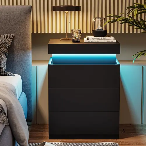 Sikaic Nightstand with Charging Station and LED Lights, Night Stand with Sliding Top for Bedroom, Bedside Table with Drawers, Modern End Side Table Summerwins