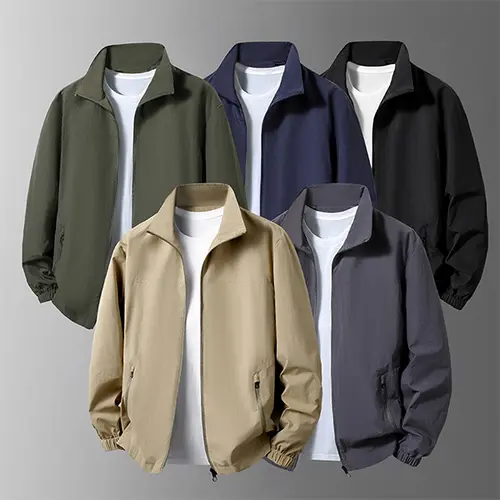 Men's Minimalist Solid-Color Lightweight Comfortable Fabric Shell Jacket - Classic Stand Collar, Windproof, Waterproof, Casual Style, Pockets, Layer-Friendly, Zipper, Ideal for Outdoor Activities & Relaxed Looks