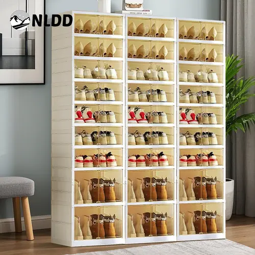 NLDD 9-Level Clear Shoe Rack Revolution: Collapsible-Expandable Organizer for 18 Pairs, Compact Closet Essential with Transparent Boxes, Wheels Springtok Plastic shoe rack organizer Cabinet Light