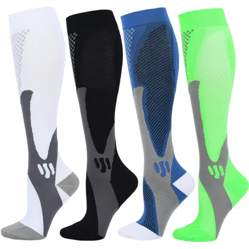 Isunie 4 Pairs Striped Series Compression Socks for Women & Men, Knee-High, Leg Support, Comfortable Compression, All-Day Support, Running, Training, Gym, Hiking, Sports Stockings