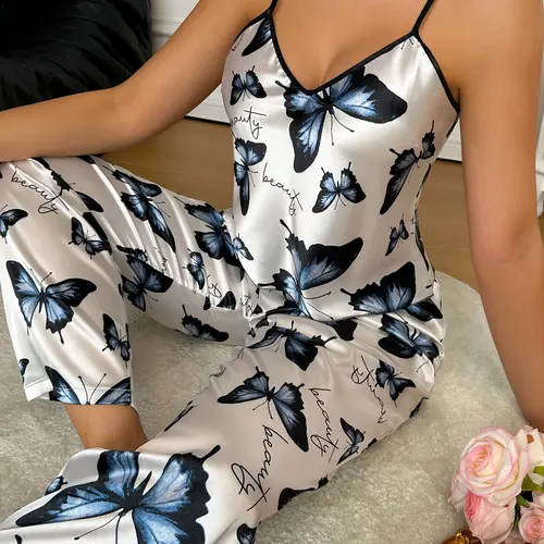 Women's Butterfly Print Adjustable Spaghetti Strap Pajama Set, Comfortable Fashion Casual Style Loungewear for Casual Daily Wear, Womenswear