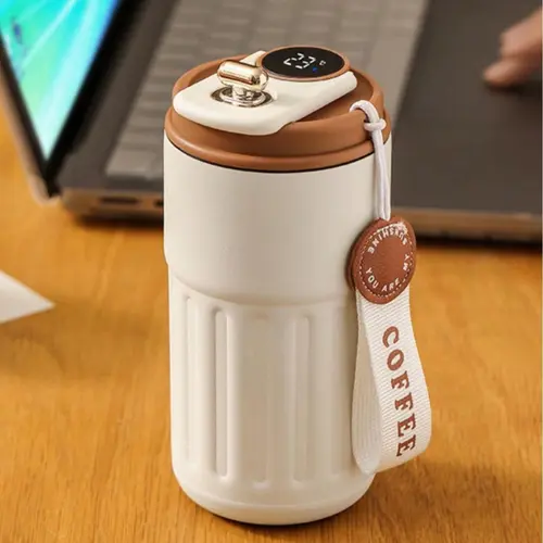 Stainless Steel Vacuum Insulated Beverage Mug with Smart Temperature Display, Double-Wall Insulation, Strap Carry, Portable Sports Water Bottle for Gym, Valentine's Day Gift (Hot/Cold Drinks Compatible)