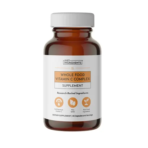 Just Ingredients Whole Food Vitamin C Complex Supplement - 120mg per Serving, Organic Acerola Cherry, Camu Camu, Amla Berry, Immune Resilience & Collagen Maintenance, Vegetarian Capsules
