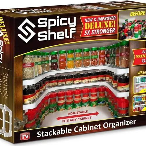 Spicy Shelf Deluxe Adjustable 2-Layer Plastic Cabinet Storage Organiser - 5x Stronger Expandable Racks, Slide Rubber Features, Multiple Sizes & Installation Types for Kitchen Seasonings Tight Cupboards, Storage Organization Solution