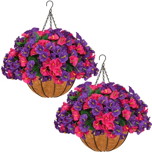 2-Pack UV-Resistant Hanging Flower Baskets with Silky Morning Glory Flowers - Outdoor Decor, Realistic Blooms, Easy Wow, Porch-to-Garden Fit for Home Improvement