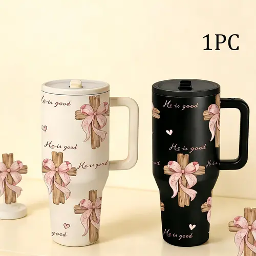 40oz Christian Faith Insulated Tumbler Mug with Handle and Straw Lid, Insulated Vacuum Drinkware, He Is Good Cross and Pink Bow Print, for Hot and Cold Drinks, Large Capacity Car Travel Mug, Ideal Gift for Believers