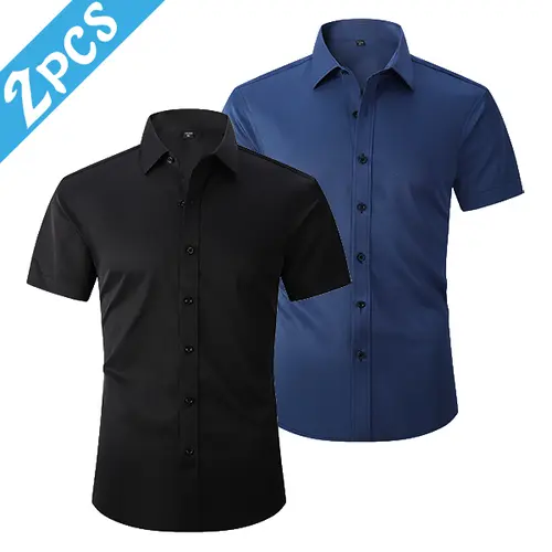 Men’s 2-Pack Fitted Button-Front Short-Sleeve Dress Shirts - Breathable Solid Navy Menswear, Wrinkle-Resistant No-Iron Fabric, Ideal for Office, Suit & Summer Casual Wear