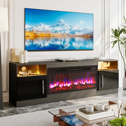 PUKAMI Fireplace TV Stand for TVs Up to 80" TV with 36" Electric Fireplace,Entertainment Center with Fireplace,TV Stand with Fireplace LED Light,Entertainment Stand,70inch,dorm essentials,home decor