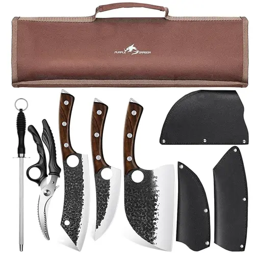 Purple Dragon 3-Piece High Carbon Steel Hand Forged Kitchen Knives Set with Blade Block, Ergonomic Handle, Finger Hole Design, Sharp Blade Edge, Portable Bag for Meat Boning, BBQ, Kitchen Tasks
