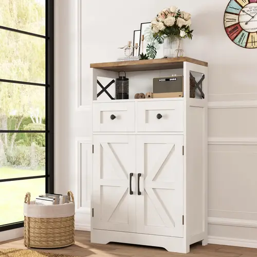 [SohoChic] Vabches Farmhouse White Storage Cabinet with Doors and Drawers, Freestanding Kitchen Pantry Cabinet, Floor Storage Cabinet Hutch Cupboard for Kitchen/Laundry/Living Room/Bedroom