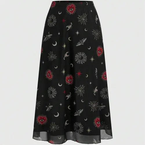 Gothic Women's Vintage Sun Moon Star Eye Print Skirt, Heart Shape A-Line Punk Skirt, Retro Fairy Boho Bohemian Hippie Style, All Seasons, Unique Prints, Printed Skirt, Womenswear, Boho Skirts