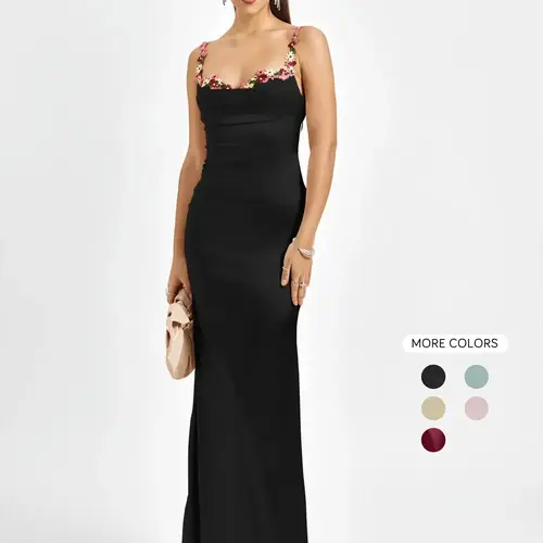Parthea Women's Plain Floral Flower Decor Ruched Backless Bodycon Fit Cami Dress, Elegant Tie Back Sleeveless Long Dress for Formal Evening Party Club Dating Wear, Ladies Summer Clothes Backless Fitted Dress