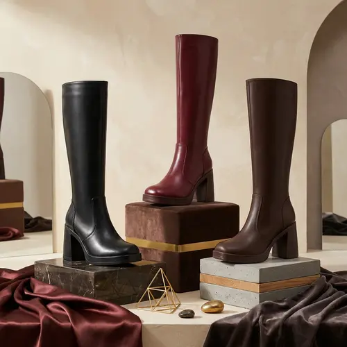 Women's Plain Black Knee High Platform Boots - 3.15" Chunky Cuban Heel, PU Leather, Round Toe, Side Zipper, Comfortable Walking Women's Shoes, Luxury Packaging, Free Gift, Black Boot, Comfortable Heels