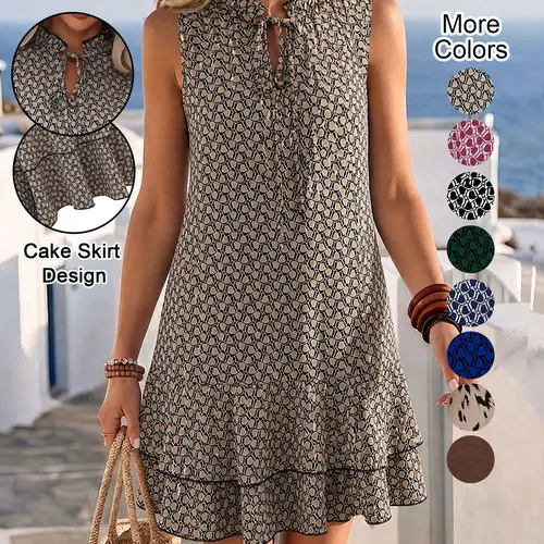 Women's Geometric Print Bow Tie Dress, Tiered Layer Cake Skirt, Casual Chic Feminine Spring Summer Wear, Fitted Short Sleeveless Design
