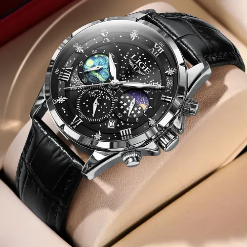 Men's Minimalist Business Fashion Pu Leather Strap Digital Hands Quartz Watch, Casual Round Dial Calendar Analog Wristwatch, Perfect Gift for Men, Analog Quartz Watches, with Box